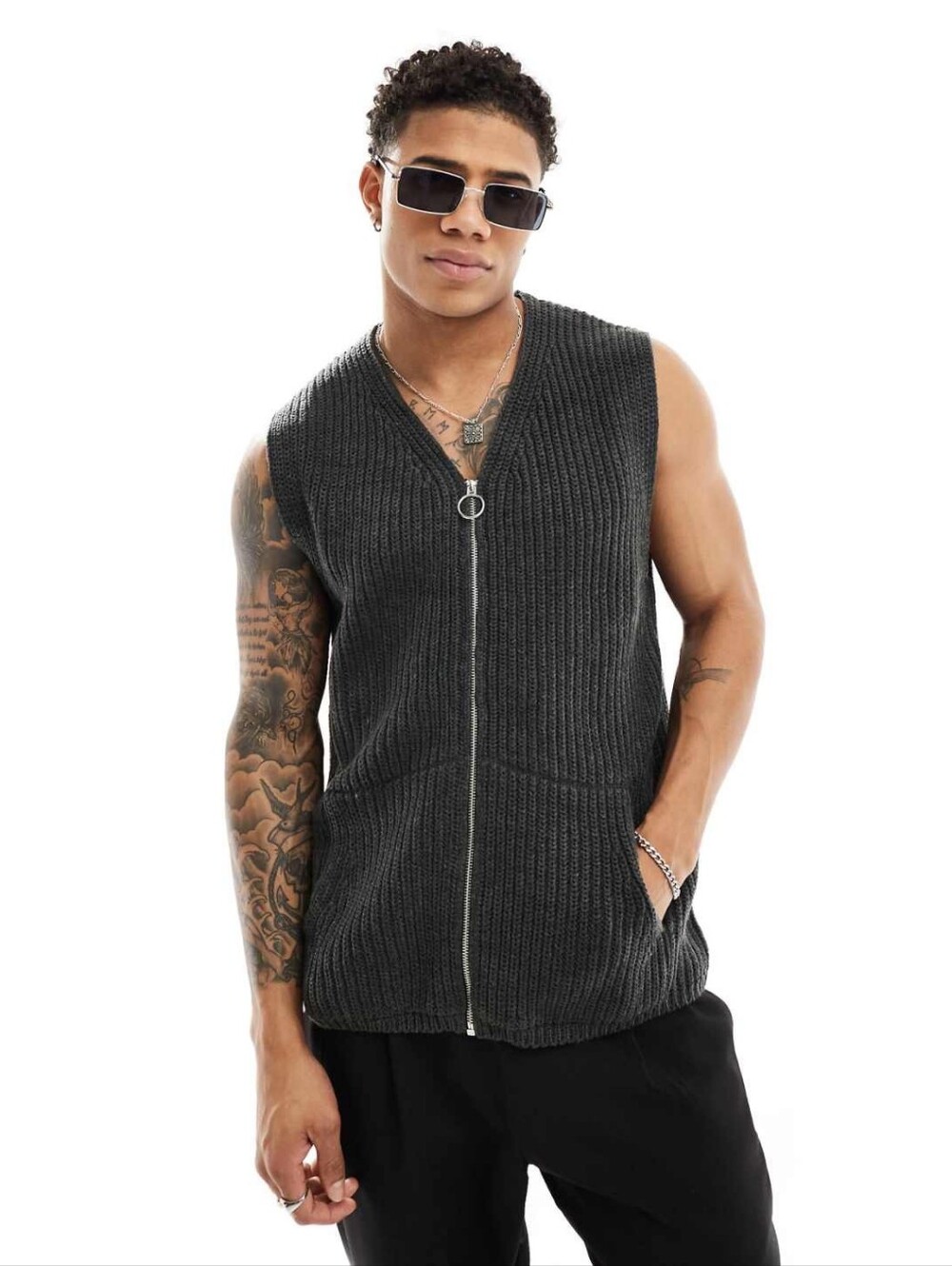 ASOS DESIGN Mens Knitted Relaxed Fisherman Rib Tank W/ Zip Charcoal Size 2XS